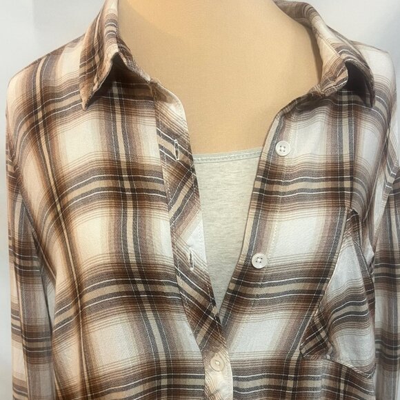 Plaid, brown, tan/cream button down shirt Time and Tru, size Medium (8-10), - Picture 2 of 5